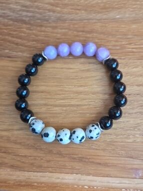 Dalamatian Jasper & Purple Lepidolite Beads Bracelet, Stretch, Hand Crafted